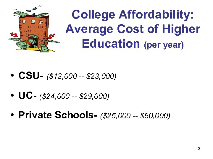 College Affordability: Average Cost of Higher Education (per year) • CSU- ($13, 000 --