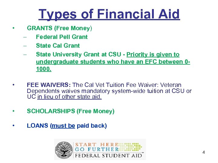 Types of Financial Aid • GRANTS (Free Money) – Federal Pell Grant – State