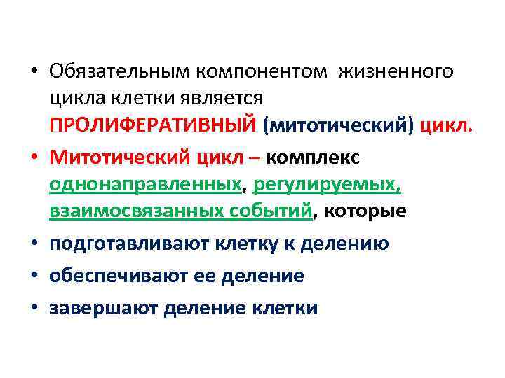  • Обязательным компонентом жизненного цикла клетки является ПРОЛИФЕРАТИВНЫЙ (митотический) цикл. • Митотический цикл