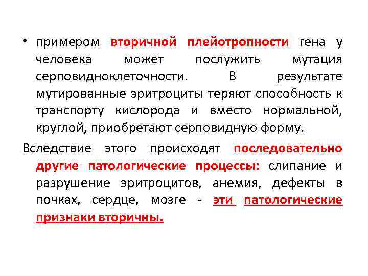  • примером вторичной плейотропности гена у человека может послужить мутация серповидноклеточности. В результате