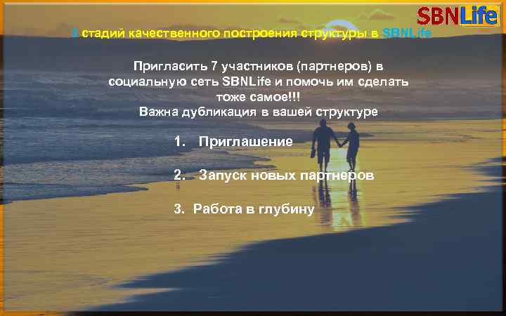 3 стадий качественного построения структуры в SBNLife Пригласить 7 участников (партнеров) в ПОЗДРАВЛЕНИЕ УЧАСТНИКОВэто