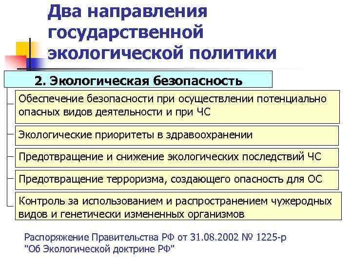 Два направления государственной экологической политики 2. Экологическая безопасность Обеспечение безопасности при осуществлении потенциально опасных