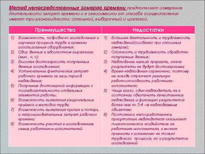 Метод непосредственных замеров времени предполагает измерение длительности затрат времени и в зависимости от способа