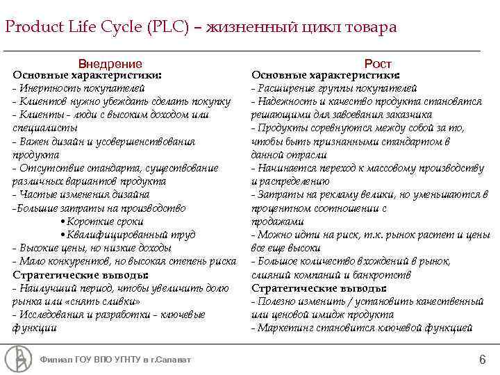 Product Life Cycle (PLC) – жизненный цикл товара Внедрение Основные характеристики: - Инертность покупателей