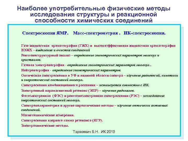Наиболее употребительные физические методы исследования структуры и реакционной способности химических соединений Спектроскопия ЯМР. Масс-спектрометрия.