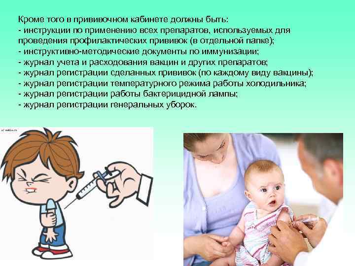 Кроме того в прививочном кабинете должны быть: - инструкции по применению всех препаратов, используемых