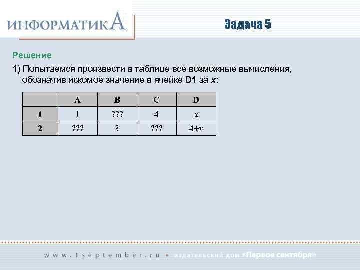 Задача 5 Решение 1) Попытаемся произвести в таблице все возможные вычисления, обозначив искомое значение