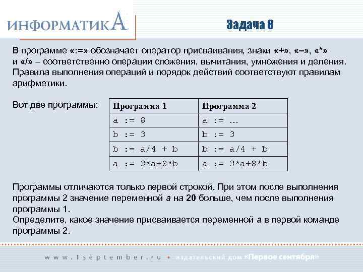 Решите рассмотренную в параграфе задачу из примера. Задачи с присваиванием оператора. Программа с оператором присваивания. Оператор присваивания обозначается знаком. В программе обозначает оператор.