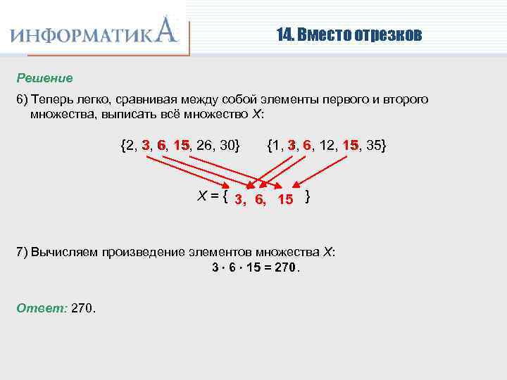 14. Вместо отрезков Решение 6) Теперь легко, сравнивая между собой элементы первого и второго