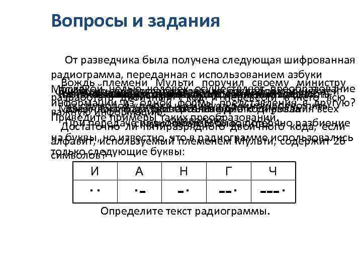 Вопросы и задания От разведчика была получена следующая шифрованная радиограмма, переданная с использованием азбуки
