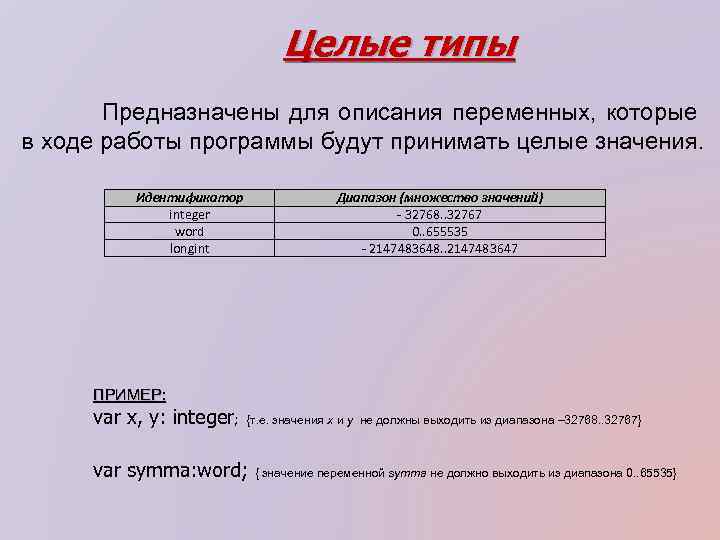 Целые типы Предназначены для описания переменных, которые в ходе работы программы будут принимать целые