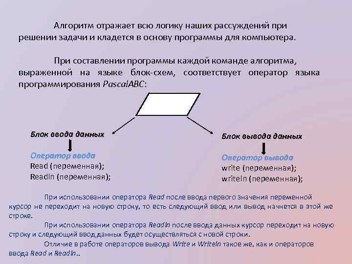 Алгоритм отражает всю логику наших рассуждений при решении задачи и кладется в основу программы