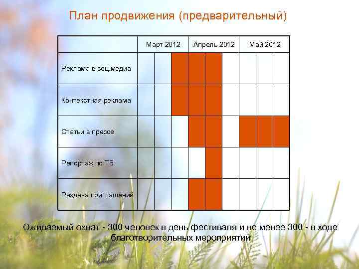 План продвижения (предварительный) Март 2012 Апрель 2012 Май 2012 Реклама в соц. медиа Контекстная