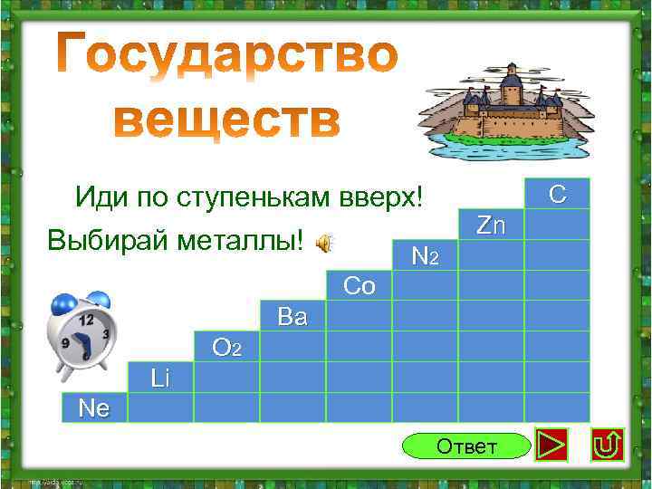 Иди по ступенькам вверх! Выбирай металлы! N 2 C Zn N 2 Co Ba