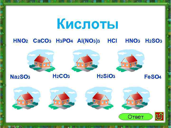 Кислоты HNO 2 Ca. CO 3 H 3 PO 4 Al(NO 3)3 Na 2