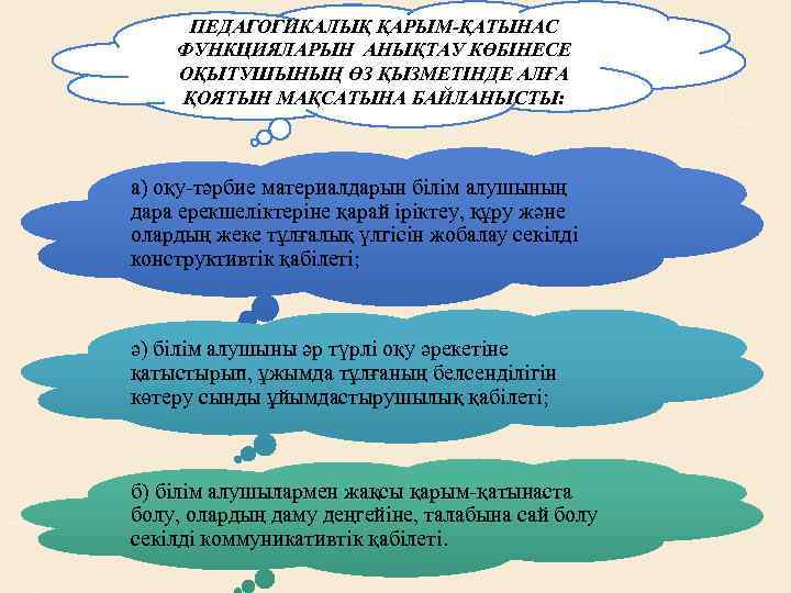 ПЕДАГОГИКАЛЫҚ ҚАРЫМ-ҚАТЫНАС ФУНКЦИЯЛАРЫН АНЫҚТАУ КӨБІНЕСЕ ОҚЫТУШЫНЫҢ ӨЗ ҚЫЗМЕТІНДЕ АЛҒА ҚОЯТЫН МАҚСАТЫНА БАЙЛАНЫСТЫ: а) оқу-тәрбие