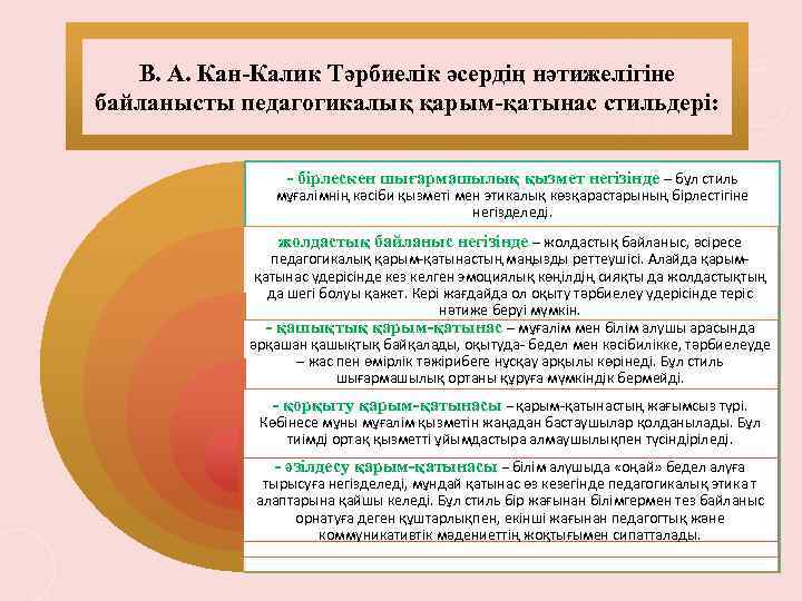 В. А. Кан-Калик Тәрбиелік әсердің нәтижелігіне байланысты педагогикалық қарым-қатынас стильдері: - бірлескен шығармашылық қызмет