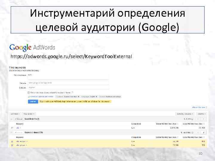 Инструментарий определения целевой аудитории (Google) https: //adwords. google. ru/select/Keyword. Tool. External 10 