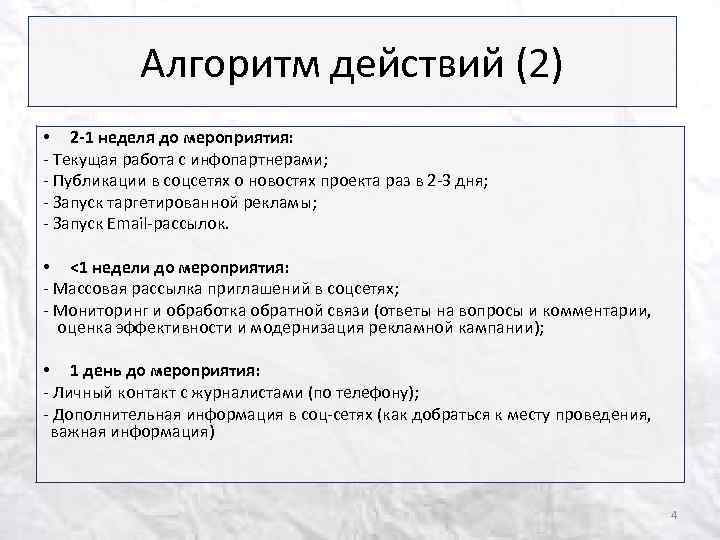 Алгоритм действий (2) • 2 -1 неделя до мероприятия: - Текущая работа с инфопартнерами;