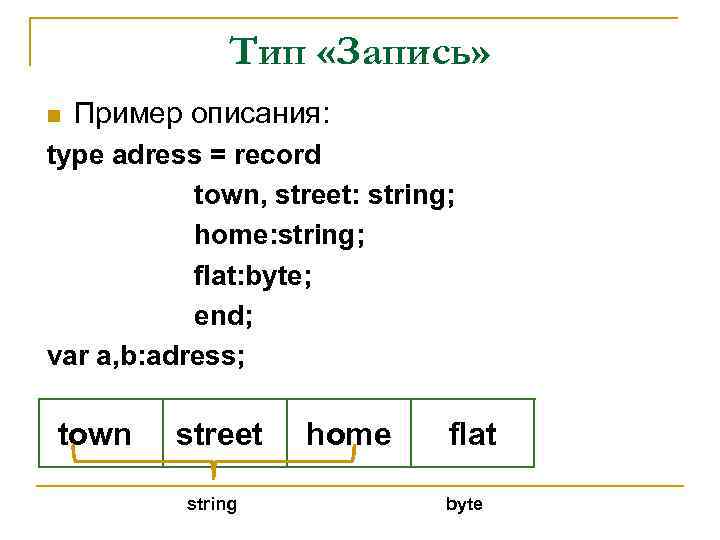 Тип «Запись» n Пример описания: type adress = record town, street: string; home: string;