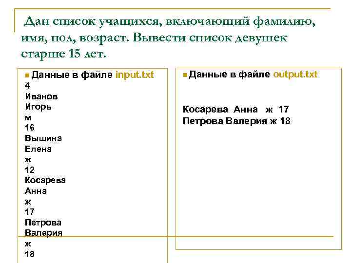 Дан список учащихся, включающий фамилию, имя, пол, возраст. Вывести список девушек старше 15 лет.