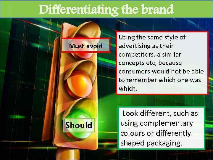 Differentiating the brand Must avoid Should Using the same style of advertising as their