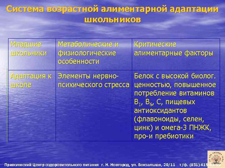 Система возрастной алиментарной адаптации школьников Младшие школьники Метаболические и физиологические особенности Критические алиментарные факторы