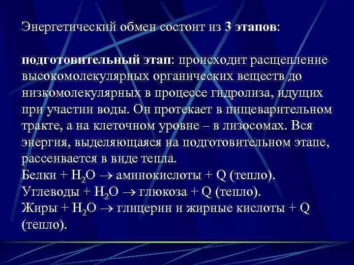 Энергетический обмен состоит из 3 этапов: подготовительный этап: происходит расщепление высокомолекулярных органических веществ до