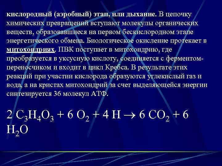 кислородный (аэробный) этап, или дыхание. В цепочку химических превращений вступают молекулы органических веществ, образовавшиеся