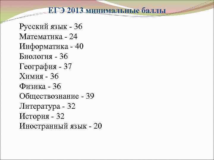 ЕГЭ 2013 минимальные баллы Русский язык - 36 Математика - 24 Информатика - 40