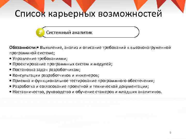 Список карьерных возможностей 2 Системный аналитик Обязанности: • Выявление, анализ и описание требований к