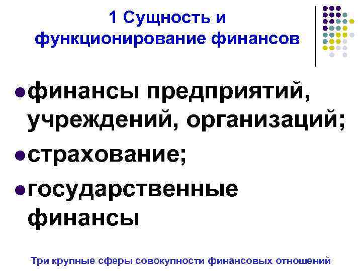 1 Сущность и функционирование финансов l финансы предприятий, учреждений, организаций; l страхование; l государственные