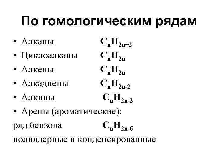 По гомологическим рядам • Алканы Сn. H 2 n+2 • Циклоалканы Сn. H 2