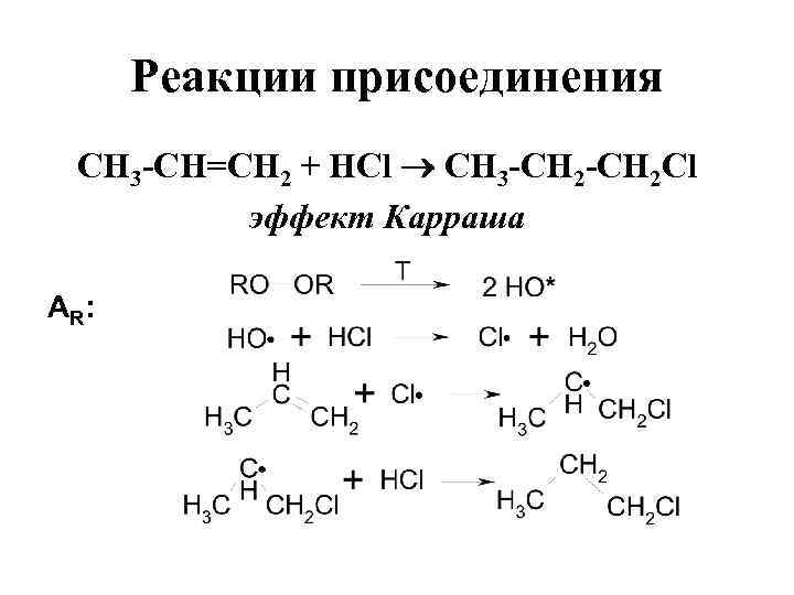 Реакции присоединения СН 3 -СН=СН 2 + HCl СН 3 -СН 2 Cl эффект