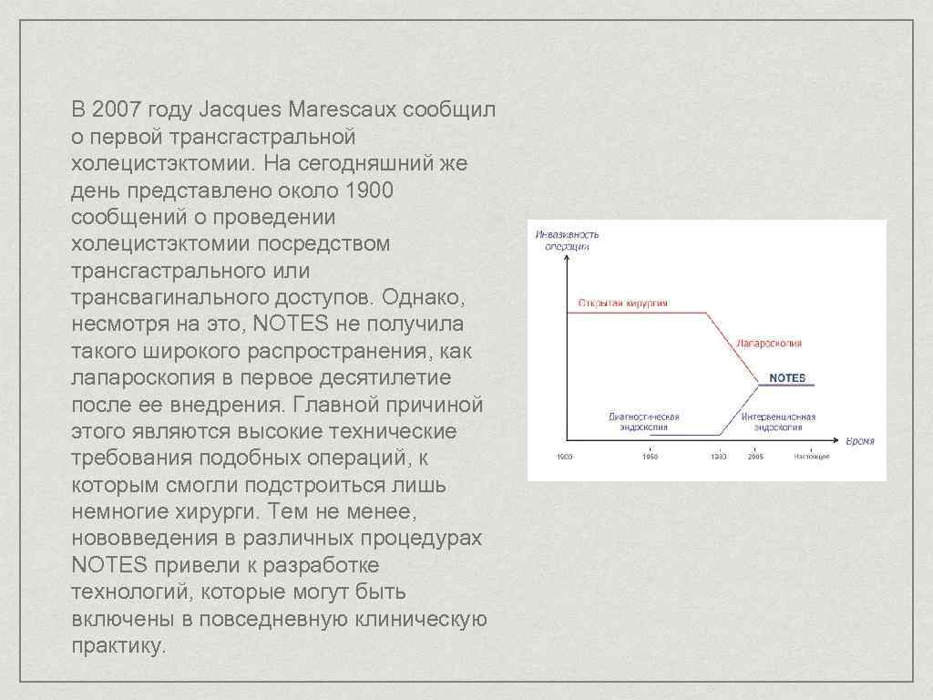 В 2007 году Jacques Marescaux сообщил о первой трансгастральной холецистэктомии. На сегодняшний же день