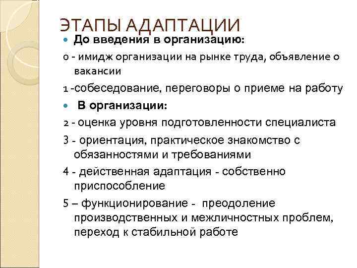 ЭТАПЫ АДАПТАЦИИ До введения в организацию: 0 - имидж организации на рынке труда, объявление