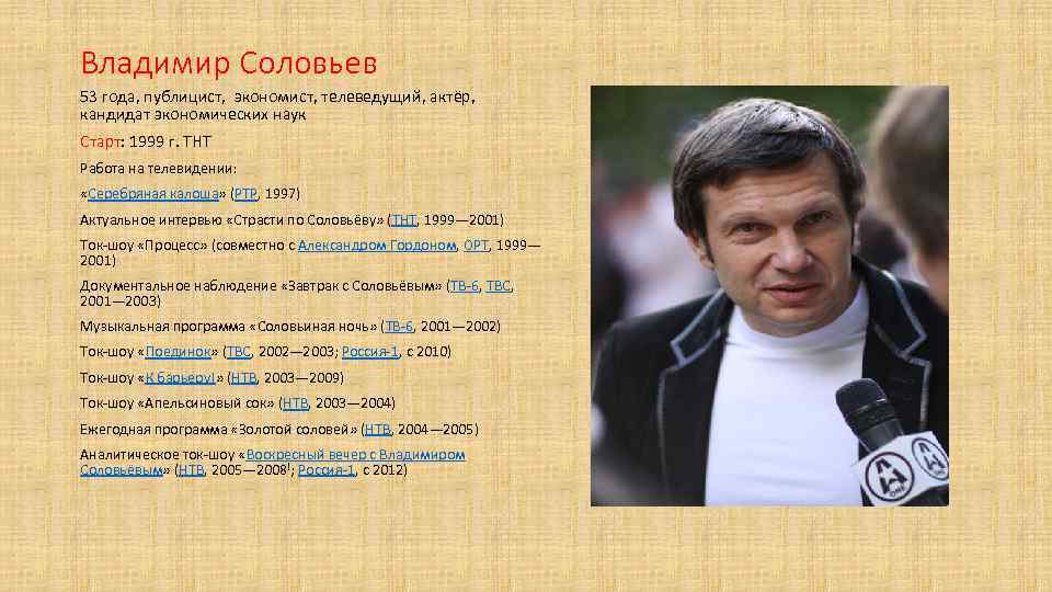 Владимир Соловьев 53 года, публицист, экономист, телеведущий, актёр, кандидат экономических наук Старт: 1999 г.