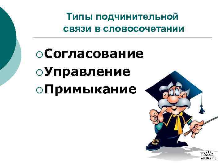 Типы подчинительной связи в словосочетании ¡ Согласование ¡ Управление ¡ Примыкание 