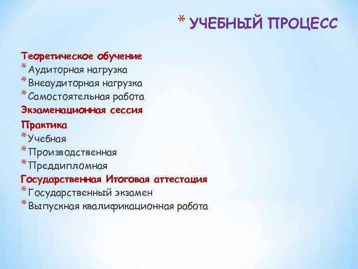 * УЧЕБНЫЙ ПРОЦЕСС Теоретическое обучение * Аудиторная нагрузка * Внеаудиторная нагрузка * Самостоятельная работа