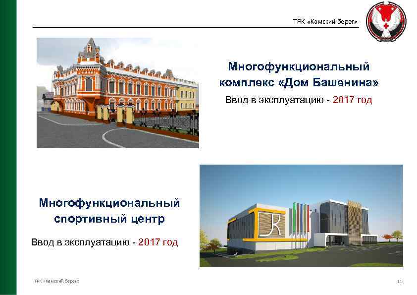ТРК «Камский берег» Многофункциональный комплекс «Дом Башенина» Ввод в эксплуатацию - 2017 год Многофункциональный