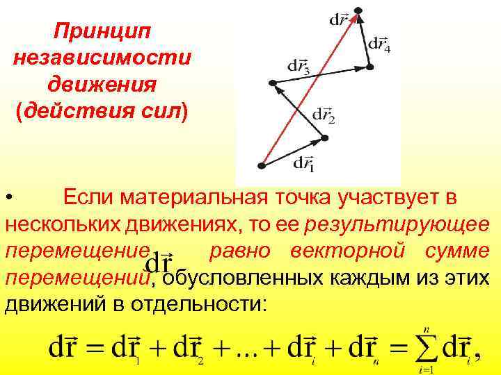 Принцип независимости движения (действия сил) • Если материальная точка участвует в нескольких движениях, то