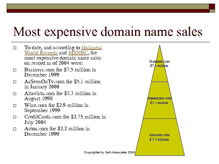 Most expensive domain name sales o o o o To date, and according to