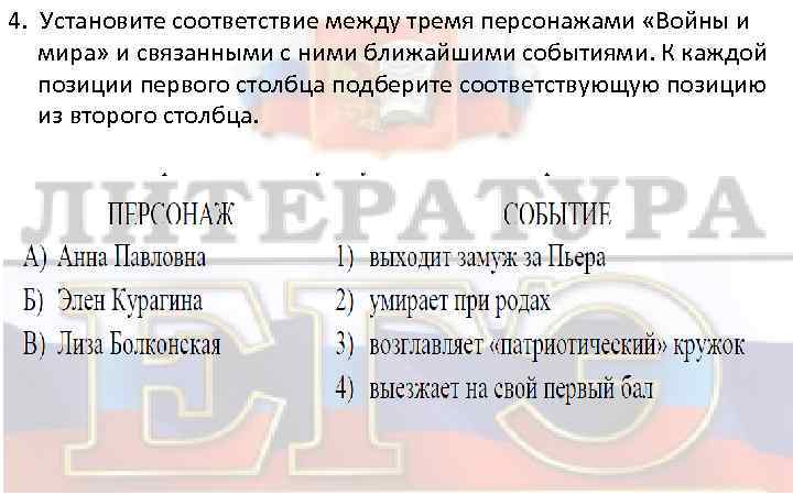 4. Установите соответствие между тремя персонажами «Войны и мира» и связанными с ними ближайшими