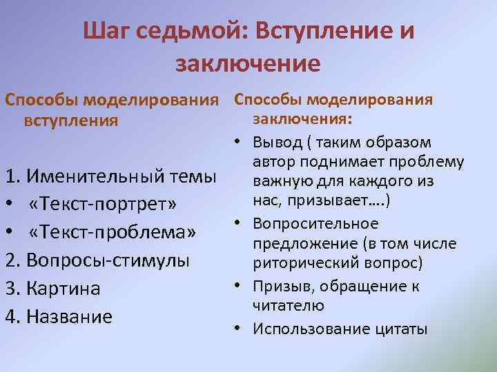 Шаг седьмой: Вступление и заключение Способы моделирования заключения: вступления • Вывод ( таким образом