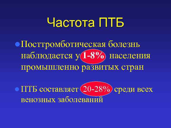 Частота ПТБ l Посттромботическая болезнь наблюдается у 1 -8% населения промышленно развитых стран l