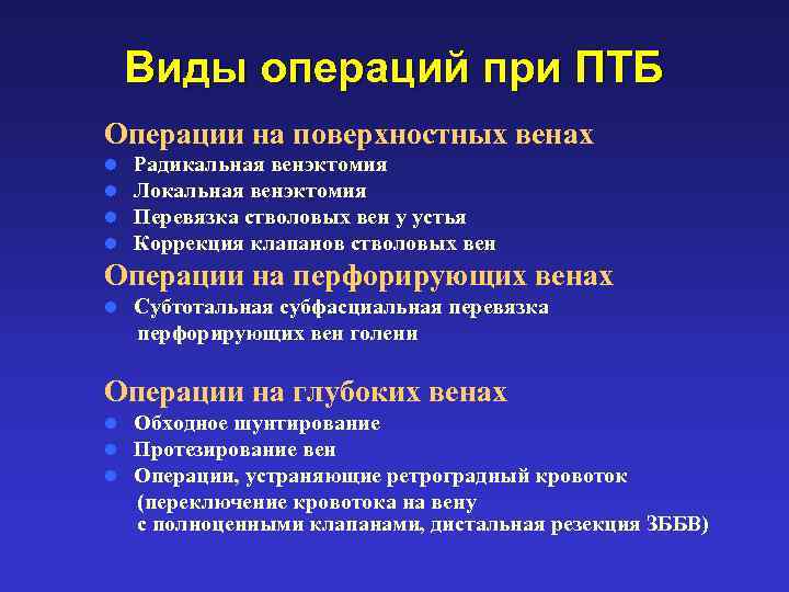 Виды операций при ПТБ Операции на поверхностных венах l l Радикальная венэктомия Локальная венэктомия