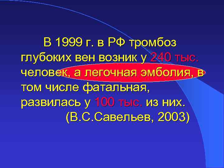 В 1999 г. в РФ тромбоз глубоких вен возник у 240 тыс. человек, а
