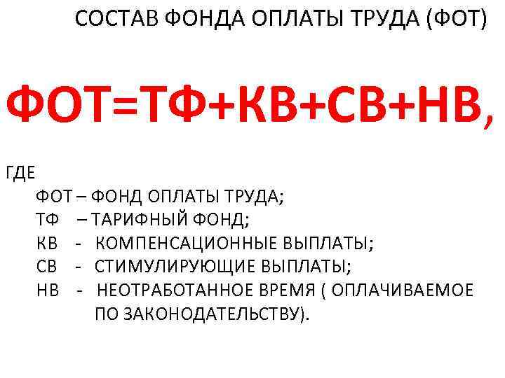  СОСТАВ ФОНДА ОПЛАТЫ ТРУДА (ФОТ) ФОТ=ТФ+КВ+СВ+НВ, ГДЕ ФОТ – ФОНД ОПЛАТЫ ТРУДА; ТФ