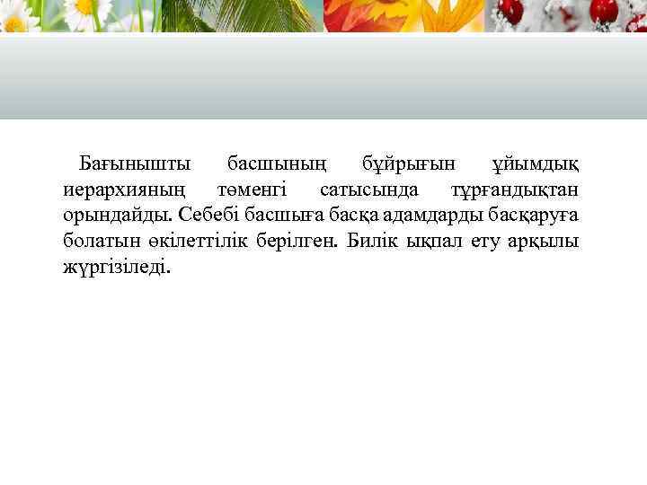 Бағынышты басшының бұйрығын ұйымдық иерархияның төменгі сатысында тұрғандықтан орындайды. Себебі басшыға басқа адамдарды басқаруға