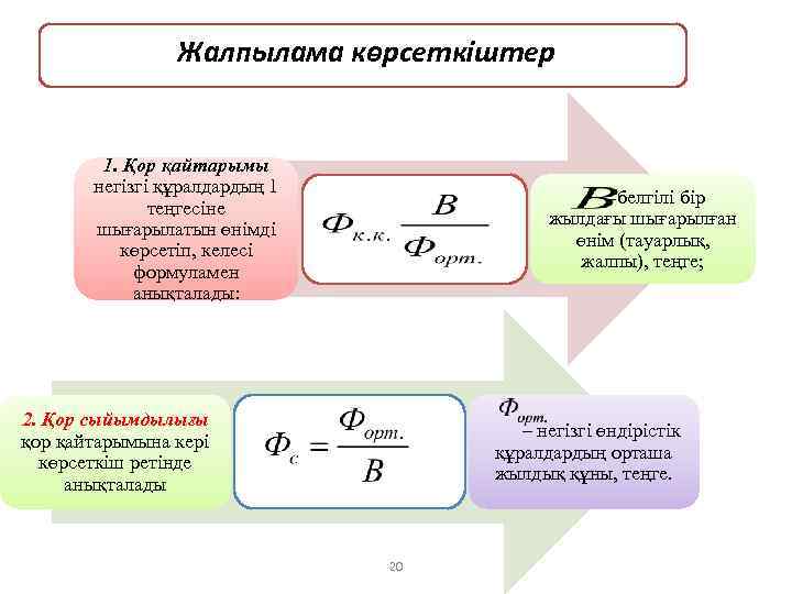 Жалпылама көрсеткіштер 1. Қор қайтарымы негізгі құралдардың 1 теңгесіне шығарылатын өнімді көрсетіп, келесі формуламен